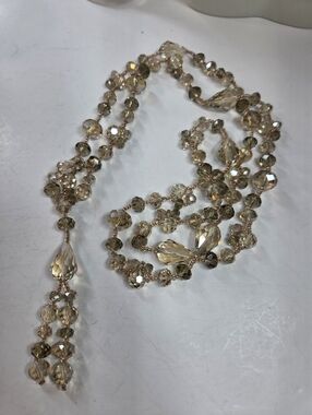 Long Faceted crystal briolette rondelle Beaded Lariat Necklace Champagne 49inch